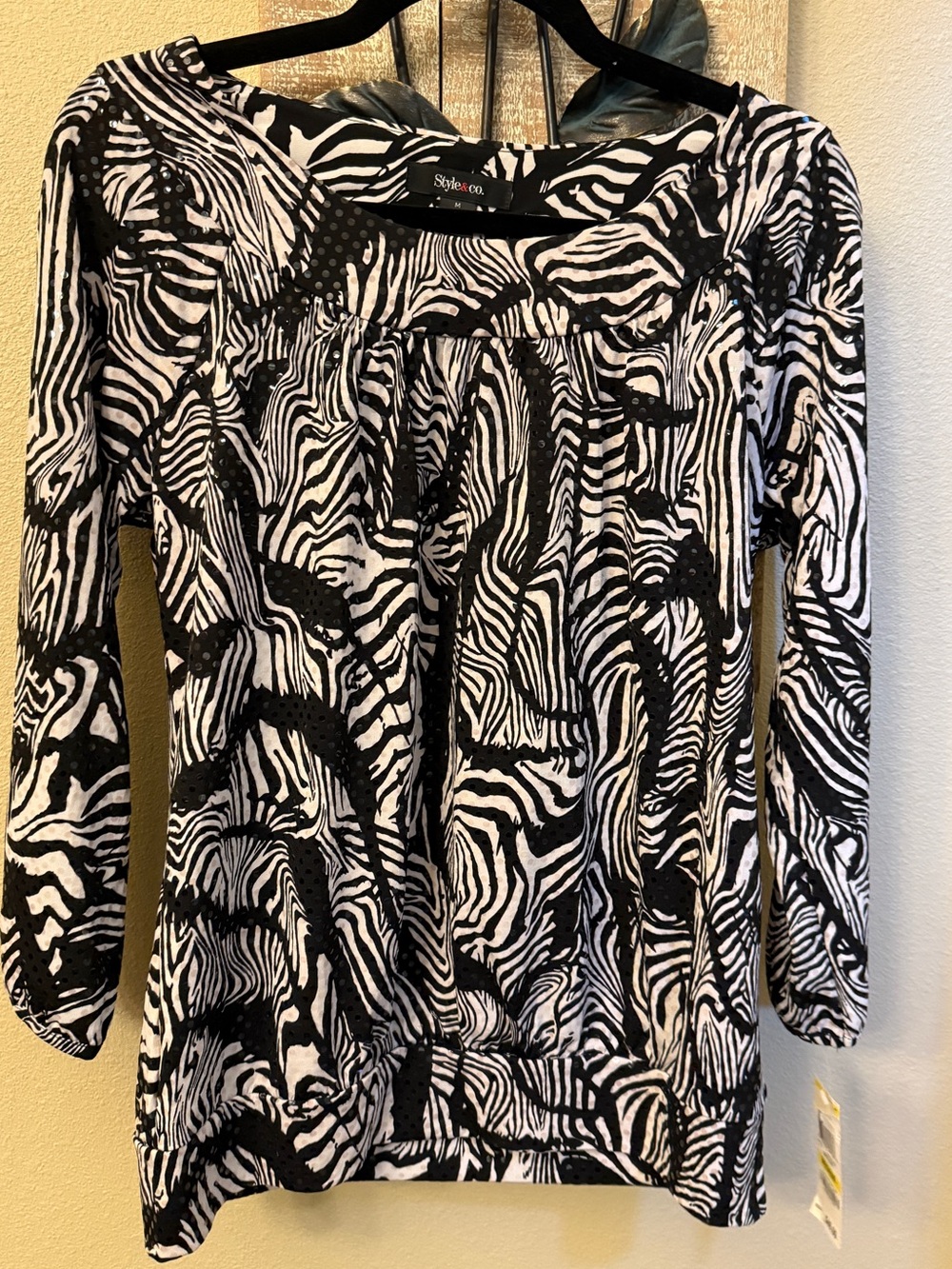 Style & Co Zebra Wave Sequin Blouse Black White Animal Print Top Medium NWT